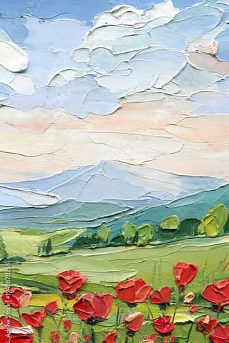 Fotografie Red poppy meadow impasto painting with distant mountain blue sky and green sprin