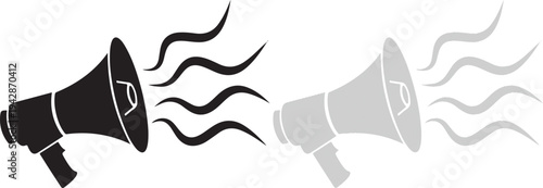 Two stylised graphic megaphones emitting sound waves on a transparent background