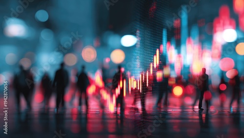 Blurred figures walking past a vibrant, glowing graph of rising market trends
