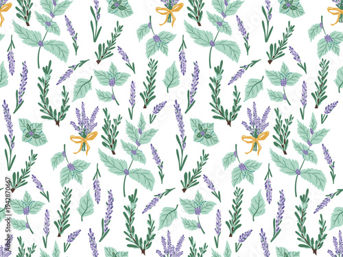 Seamless pattern with Provencal herbs: lavender, mint, and rosemary