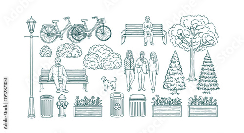 Hand-drawn urban park elements set with trees, benches, bicycles, people, and street furniture.