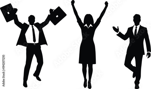 Business people celebrating success silhouettes jumping with briefcases and raised arms corporate achievement illustration for teamwork motivation, leadership concept and professional growth design