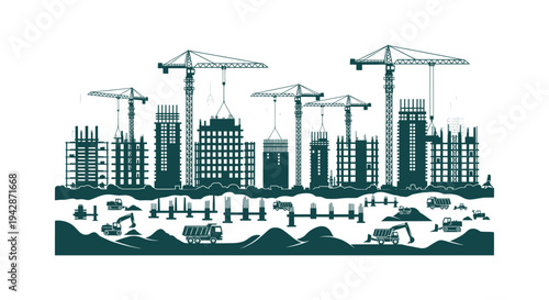 Industrial construction site silhouette featuring tower cranes and building skeletons vector art
