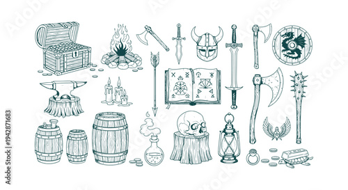 Hand drawn vintage medieval fantasy items set with sword shield treasure chest and magic spellbook