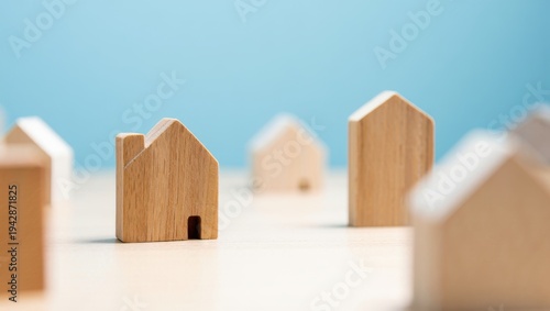Wooden miniature house models on a light wooden surface with a blue background, representing real estate, property investment, and community living concepts.