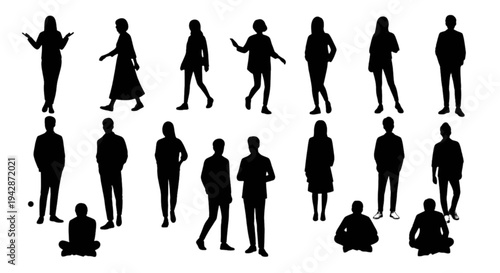 Set of 16 people silhouettes vector