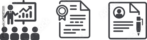 Business training and professional certification icon set for career development, corporate education, and document verification