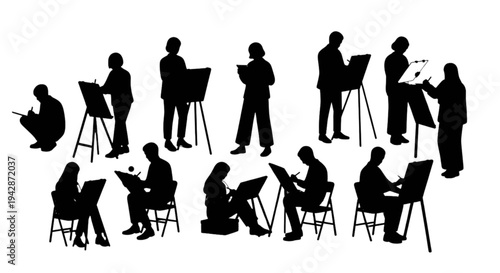 Set of 13 black silhouette artists painting vector