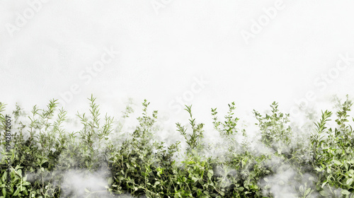 Fresh green herbs are shrouded in a soft white mist, creating a dreamy and ethereal atmosphere against a bright, clean background in a visually stunning display.
