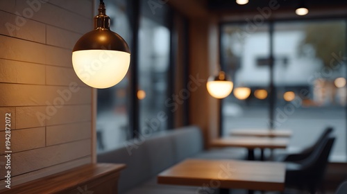 A modern cafe interior with warm ambient lighting from pendant lamps illuminated tables and seating