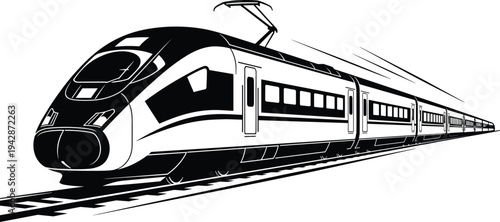 High speed passenger train illustration on railway track modern transportation vector design representing fast rail travel, public transit system and futuristic locomotive concept