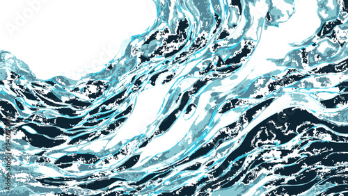 Vector A dynamic, stylized depiction of an oceanic wave in varying shades of azure and aquamarine, an abstract representation of water.