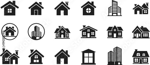 House and building icon collection with residential homes and modern city apartments simple real estate symbol set for property business design