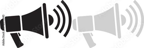 Two stylized megaphone icons are displayed side by side with sound waves emanating from them