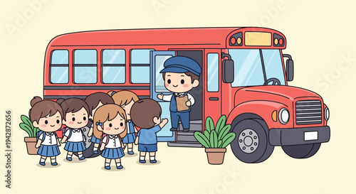 Illustration of children getting on a red school bus with a driver, set against a pale yellow background with a cartoon style and vibrant colors.