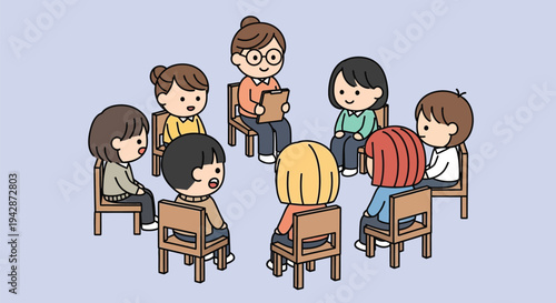 Cartoon illustration of a diverse group of children sitting in a circle with a teacher in a classroom setting with a light blue background.