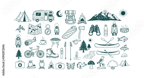 Hand Drawn Outdoor Adventure Camping Icons Set with Hiking Gear Nature Elements and Forest Equipment