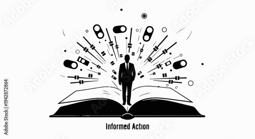 Man in suit stands on open book with ideas exploding outwards, representing informed action and creativity.