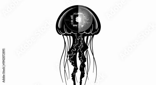 Surreal dark jellyfish concept with technological elements