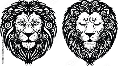 Ornamental lion head illustration with decorative tribal mane patterns powerful wildlife emblem design for tattoo art, mascot logo and vintage animal symbol