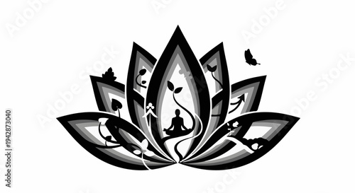 Serene silhouette meditating within a stylized lotus flower, symbolizing peace and growth.