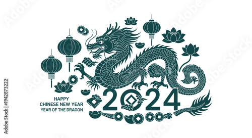 Happy Chinese New Year 2024 Year of the Dragon Vector Illustration with Lanterns and Lotus Flowers