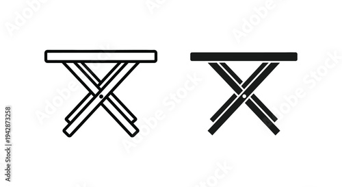 A minimalist line art illustration of two folding tables in black and white on a plain background.