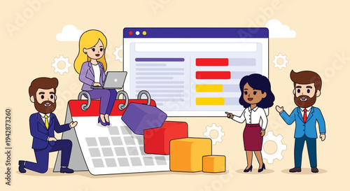 Flat illustration of four business professionals collaborating around a large computer screen with colorful blocks and graphs in a modern office setting with a professional mood.