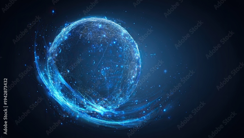Fototapeta premium Glowing, ethereal sphere with swirling energy and light particles on dark blue background