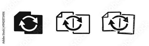 File synchronization and refresh document icons set in flat, outline, and hand-drawn styles