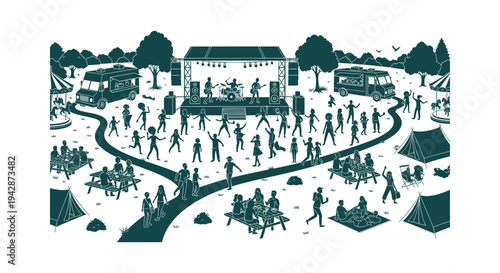 Community Summer Event with Outdoor Concert Stage Food Trucks Picnic Areas and Tents Illustration