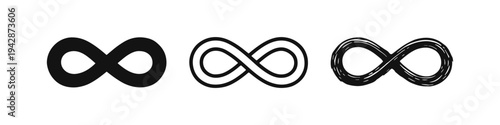 Infinity symbol icons set in flat, outline, and doodle styles