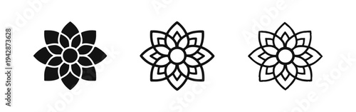 Abstract flower or mandala icons set in flat, outline, and doodle styles