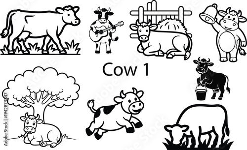 Black and white cartoon cows in various poses and settings