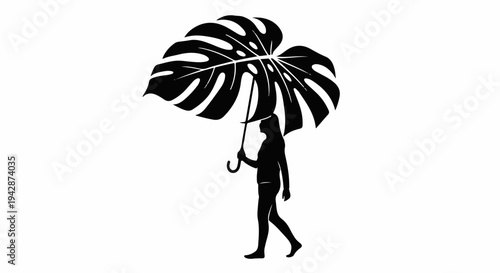 Woman holding a large monstera leaf as an umbrella, symbolizing nature and protection.