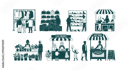 Set of vector illustrations of people shopping at street market stalls, clothing stores, and food stands