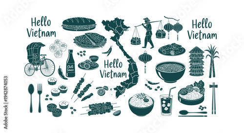Vietnam Travel Map and Food Icons Set Hand Drawn Illustration with Banh Mi Pho and Culture Symbols.