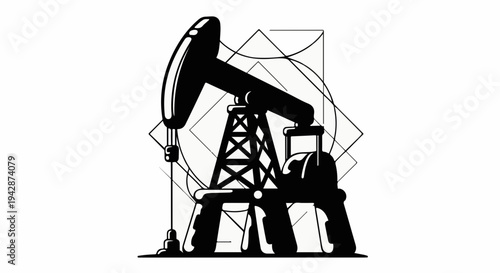 Modern artistic depiction of an oil pumpjack against geometric patterns, symbolizing energy extraction.