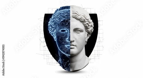 Classical sculpture merging with digital technology, symbolizing innovation and the future of art.