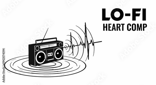 Retro boombox emitting sound waves with a heartbeat graphic on a vinyl record