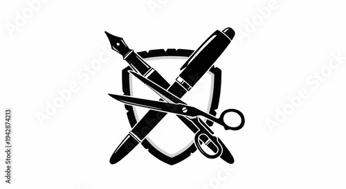 Symbol of creativity and censorship with pen, scissors, and shield
