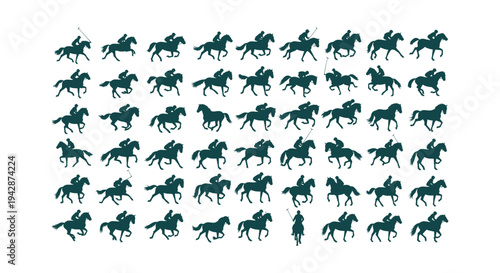 Large set of horse and rider silhouettes for polo sports and show jumping events vector graphics