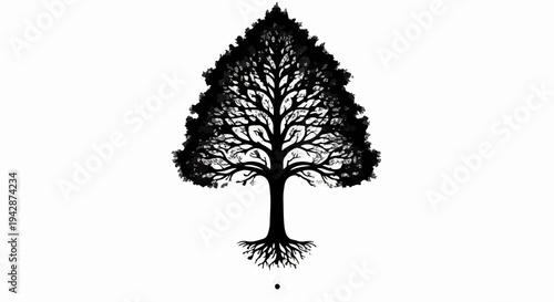 Intricate tree silhouette with detailed roots and branches against a stark white background.