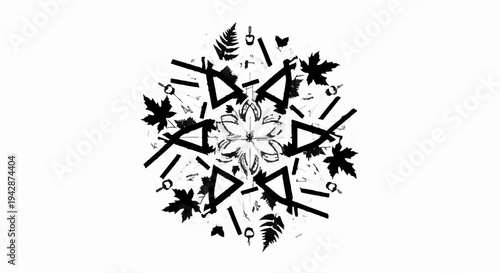 Intricate black and white mandala pattern with natural elements and geometric shapes