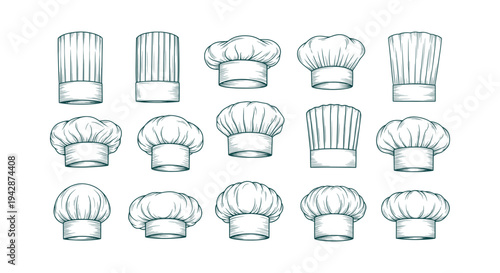 Set of hand drawn chef hat toques sketches for restaurant menu and bakery design vector illustration