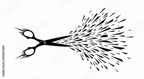 Sharp scissors fragmenting into a burst of dark particles, symbolizing destruction or release.