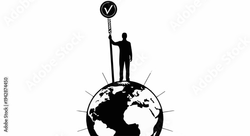 Silhouette of person standing on globe holding a magnifying glass with checkmark above world.