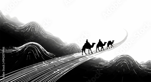 Silhouetted figures ride camels on a winding path through stylized desert landscape