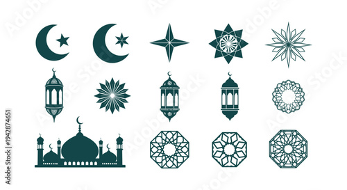 Islamic Ramadan Kareem Vector Icon Set with Mosque Lanterns Crescent Moons and Star Ornaments
