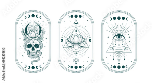 Occult Mystical Vector Set with Skull Lotus Eye and Sacred Geometry for Tarot and Spiritual Design